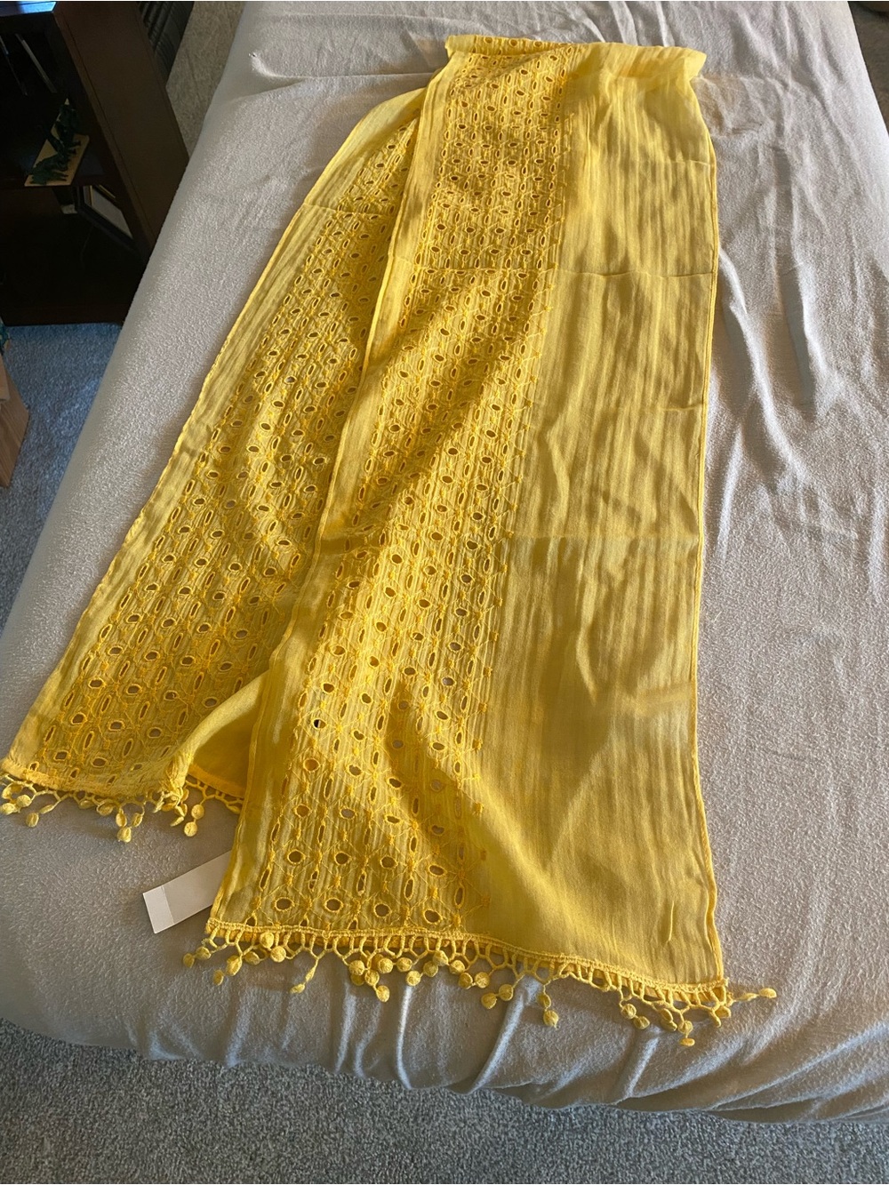 Talbots Bright Yellow Eyelet Scarf with Pom Pom Trim NWT